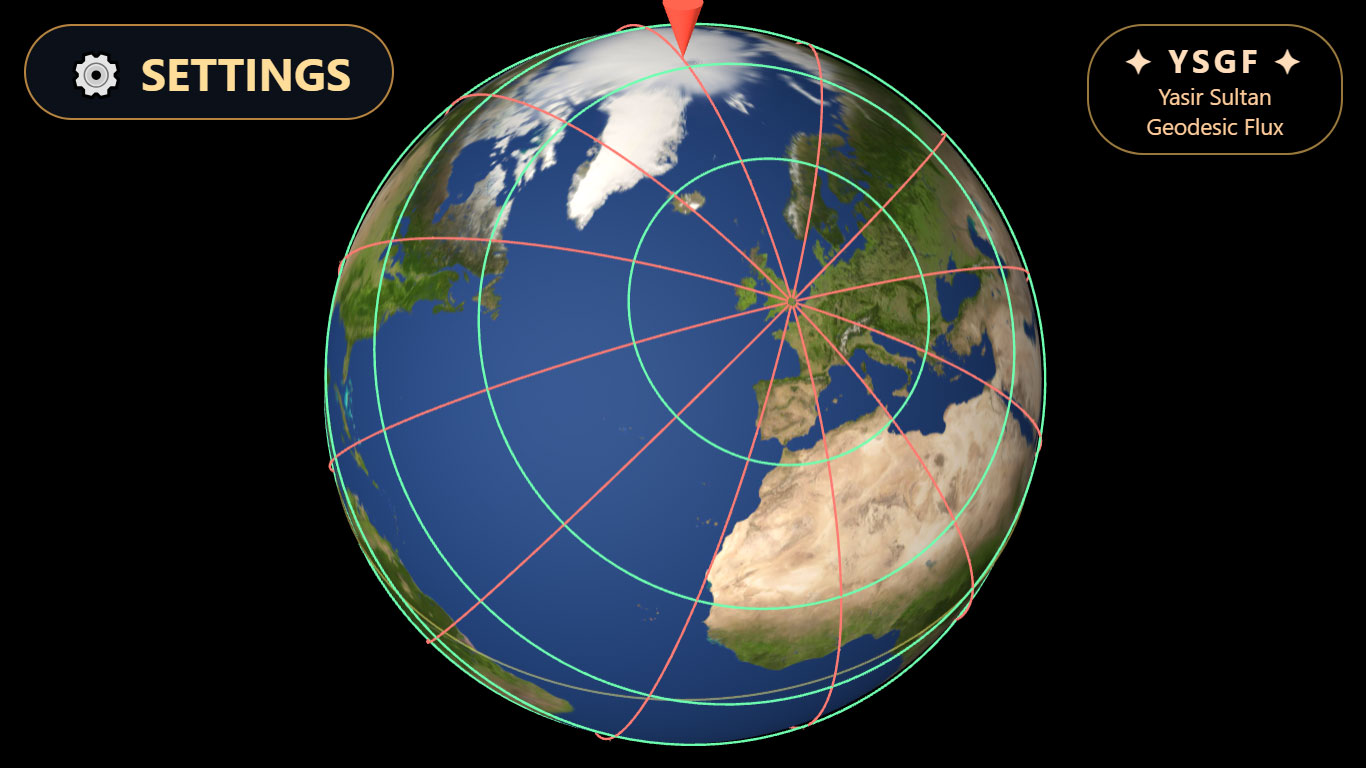 3D globe with geodesic flux lines centered on London