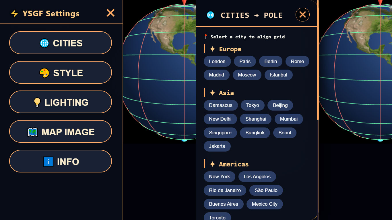 YSGF settings panel – lighting, style, city selection